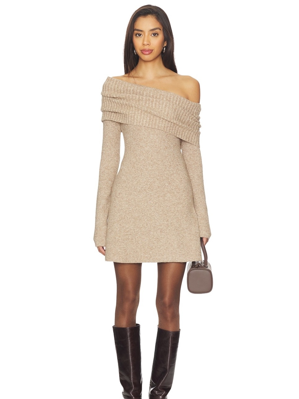 Lovers + Friends Beige Off-Shoulder Knit Mini Dress